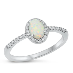 Sterling Silver Rhodium Plated Oval White Lab Opal And Clear CZ Ring