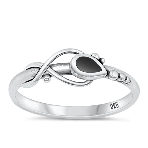 Sterling Silver Oxidized Tear Drop Black Agate Ring