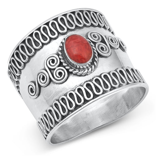 Sterling Silver Oxidized And Polished Red Coral Bali Ring