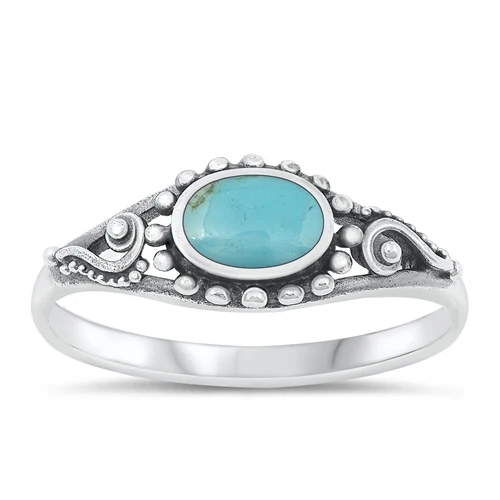 Sterling Silver Oxidized Oval Genuine Turquoise Stone Ring