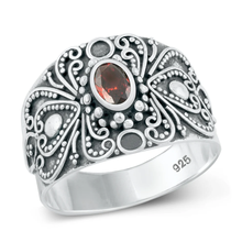 Load image into Gallery viewer, Sterling Silver Oxidized Bali Style Garnet CZ Ring