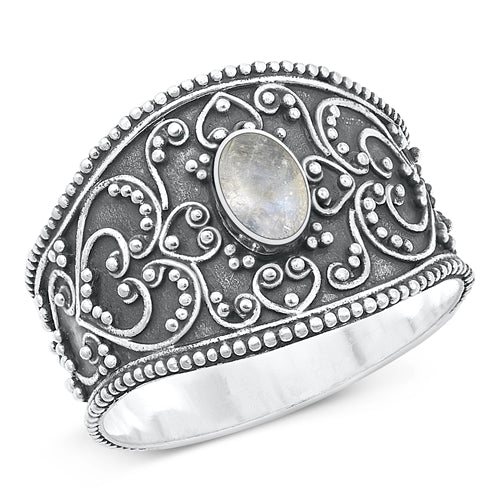 Sterling Silver Oxidized And Polished 15.5mm Moonstone Bali Ring