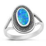 Sterling Silver Oxidized Spiral Oval Blue Lab Opal Ring
