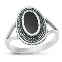 Load image into Gallery viewer, Sterling Silver Oxidized Spiral Oval Black Agate Stone Ring