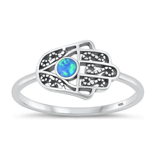 Load image into Gallery viewer, Sterling Silver Oxidized Hamsa Blue Lab Opal Ring