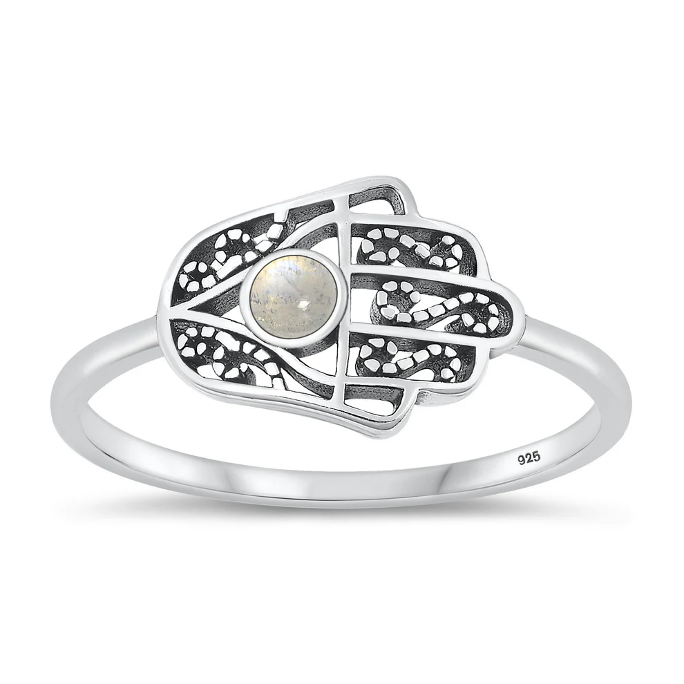 Sterling Silver Oxidized Hamsa Moonstone Stone Ring