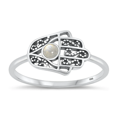 Sterling Silver Oxidized Hamsa Moonstone Stone Ring