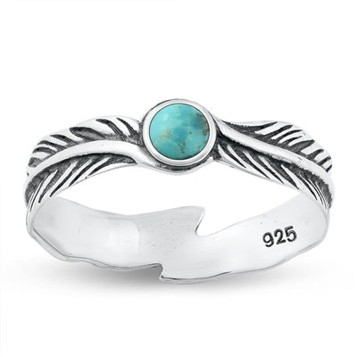 Sterling Silver Oxidized Genuine Turquoise Feather Ring