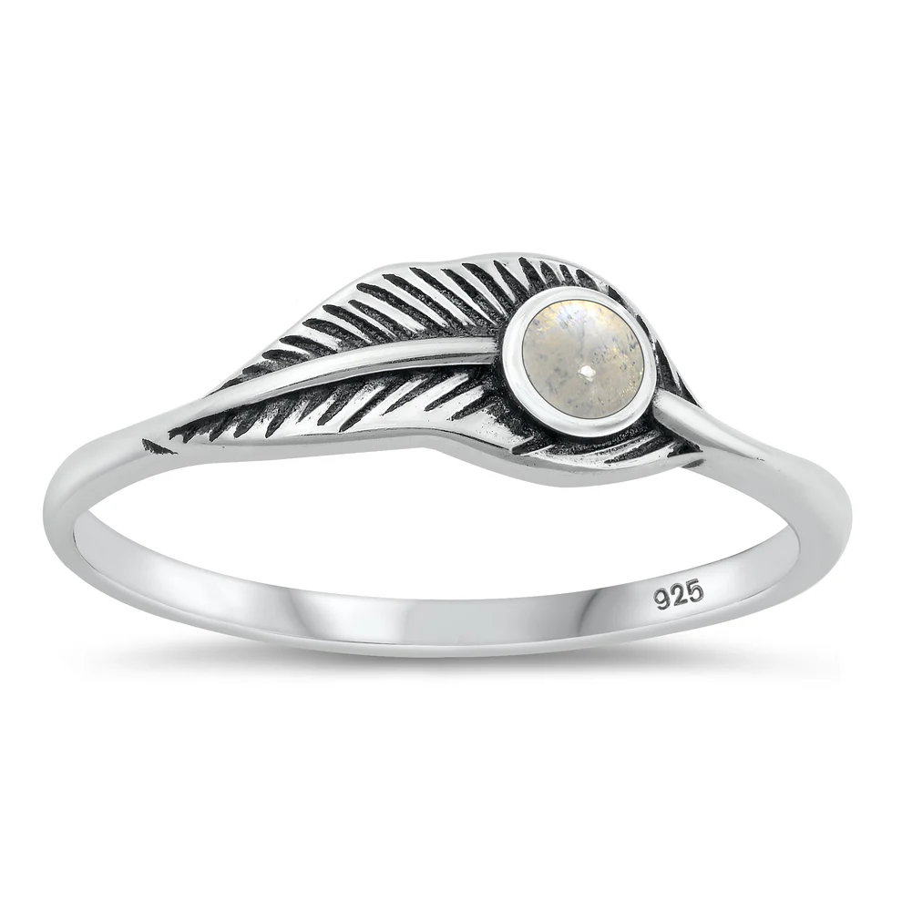 Sterling Silver Oxidized 6mm Feather Moonstone Stone Ring