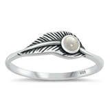 Sterling Silver Oxidized 6mm Feather Moonstone Stone Ring