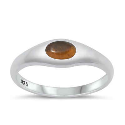 Sterling Silver High Polished Oval Tiger Eye Stone Ring