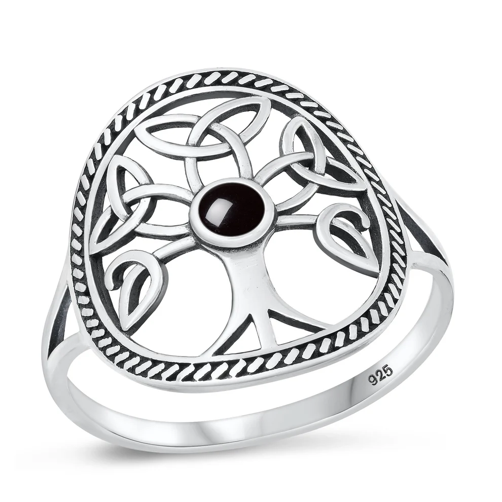Sterling Silver Oxidized Celtic Tree Black Agate Stone Ring