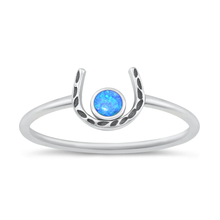 Load image into Gallery viewer, Sterling Silver Oxidized Horseshoe Blue Lab Opal Ring
