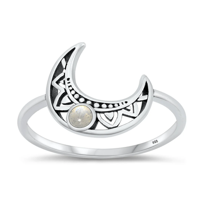 Sterling Silver Oxidized 13.5mm Moon Moonstone Stone Ring