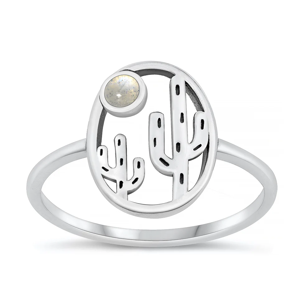 Sterling Silver Oxidized Cactus Moonstone Stone Ring