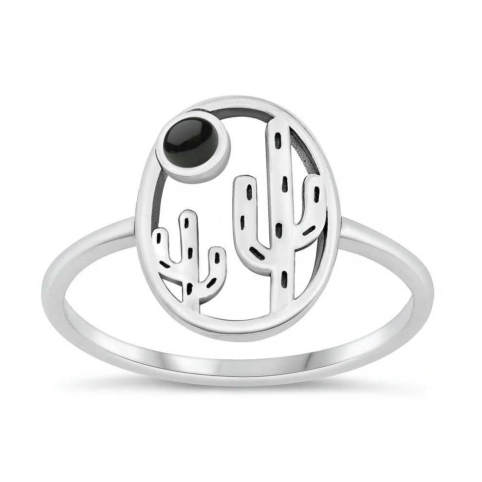 Sterling Silver Oxidized 14.4mm Cactus Black Agate Stone Ring