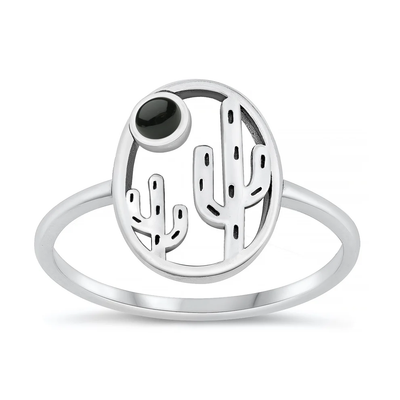 Sterling Silver Oxidized 14.4mm Cactus Black Agate Stone Ring