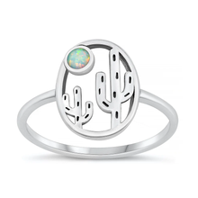 Load image into Gallery viewer, Sterling Silver Oxidized And Polished Cactus White Lab Opal Ring
