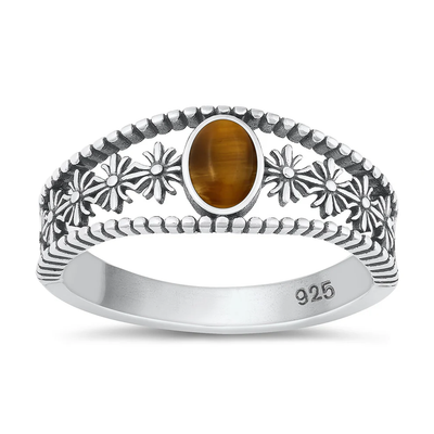 Sterling Silver Oxidized Tiger Eye Stone Ring
