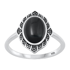 Sterling Silver Oxidized 16.2mm Oval Black Agate Stone Ring
