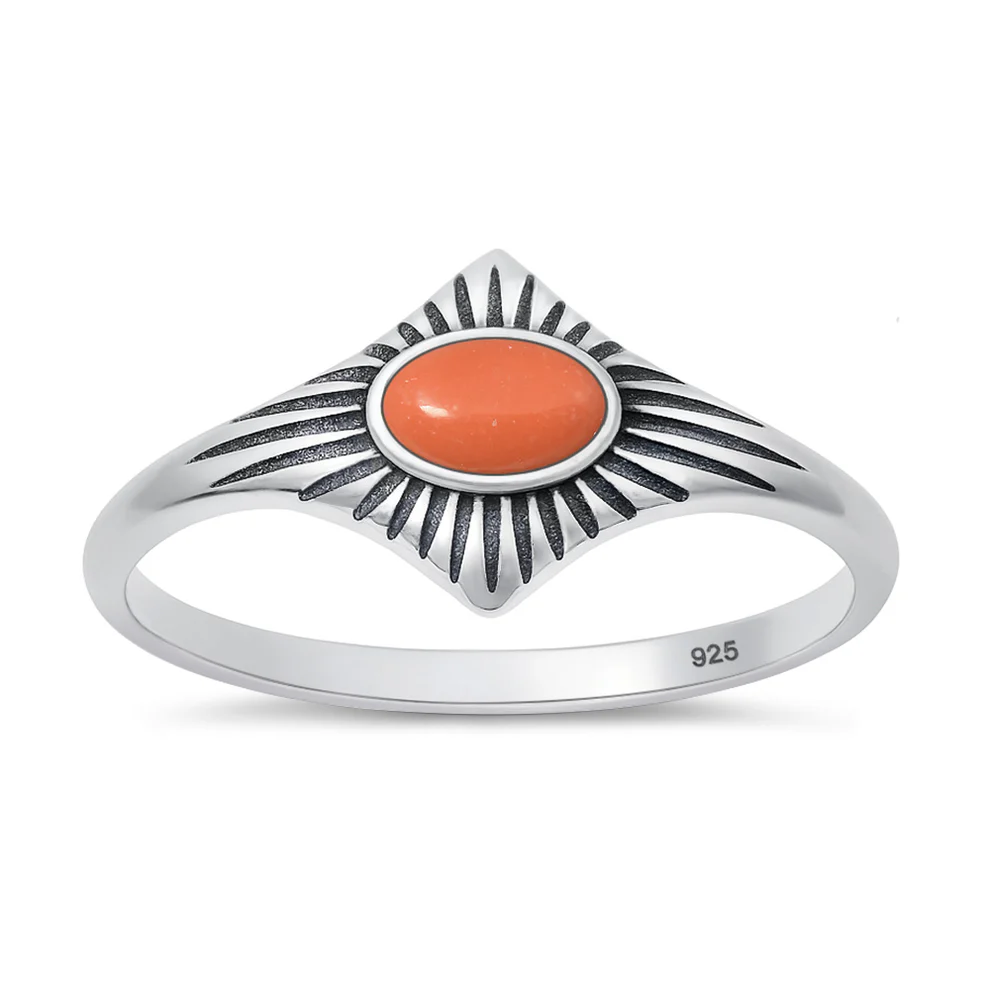 Sterling Silver Oxidized Red Coral Stone Ring