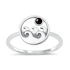 Sterling Silver Oxidized Waves Black Agate Stone Ring