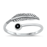 Sterling Silver Oxidized Feather Black Agate Stone Ring