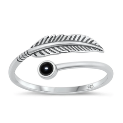 Sterling Silver Oxidized Feather Black Agate Stone Ring