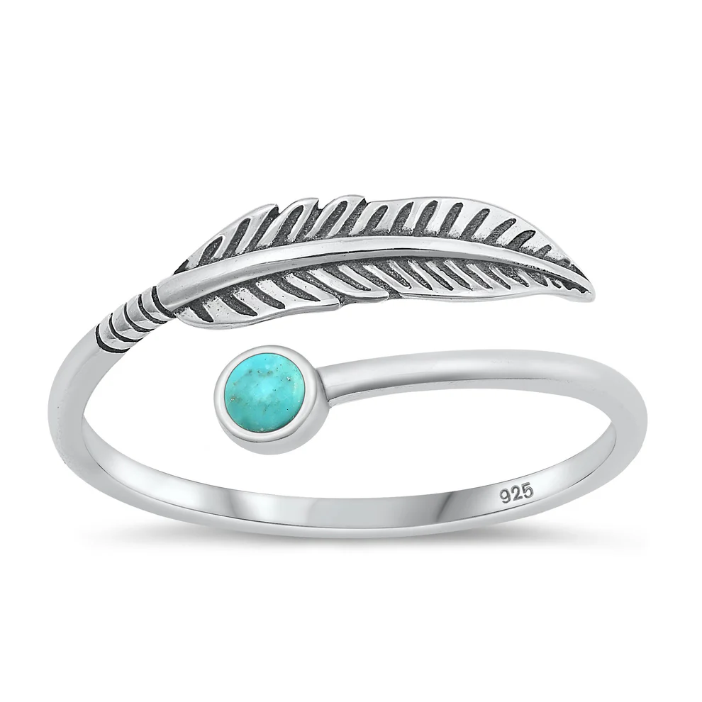 Sterling Silver Oxidized 10mm Feather Turquoise Stone Ring
