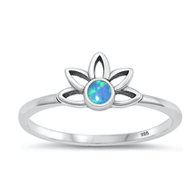 Load image into Gallery viewer, Sterling Silver Oxidized Half Flower Blue Lab Opal Ring