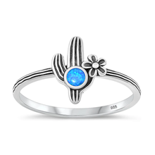 Load image into Gallery viewer, Sterling Silver Oxidized Cactus And Flower Blue Lab Opal Ring
