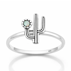 Sterling Silver Oxidized And Polished Cactus White Lab Opal Ring