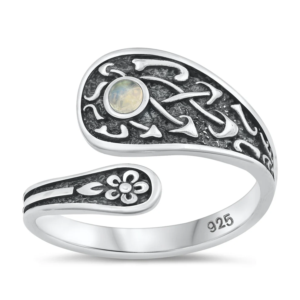 Sterling Silver Oxidized 16.4mm Spoon Moonstone Stone Ring