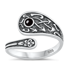 Sterling Silver Oxidized 16.4mm Spoon Black Agate Stone Ring
