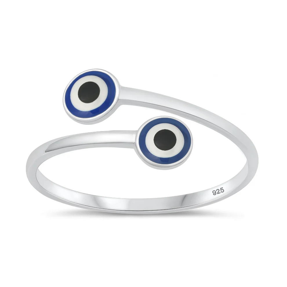 Sterling Silver Rhodium Plated Enamel Inlay Blue Double Evil Eye Ring