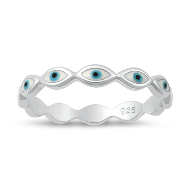 Sterling Silver Rhodium Plated Enamel Inlay Evil Eye Band Ring