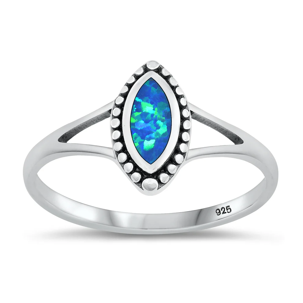 Sterling Silver Oxidized And Polished 11.6mm Blue Lab Opal Ring