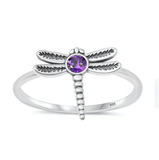 Sterling Silver Oxidized Dragonfly Amethyst CZ Ring