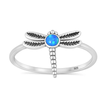 Load image into Gallery viewer, Sterling Silver Oxidized And Polished Dragonfly Blue Lab Opal Ring