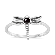 Load image into Gallery viewer, Sterling Silver Oxidized And Polished Dragonfly Black Agate Stone Ring