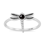 Sterling Silver Oxidized And Polished Dragonfly Black Agate Stone Ring