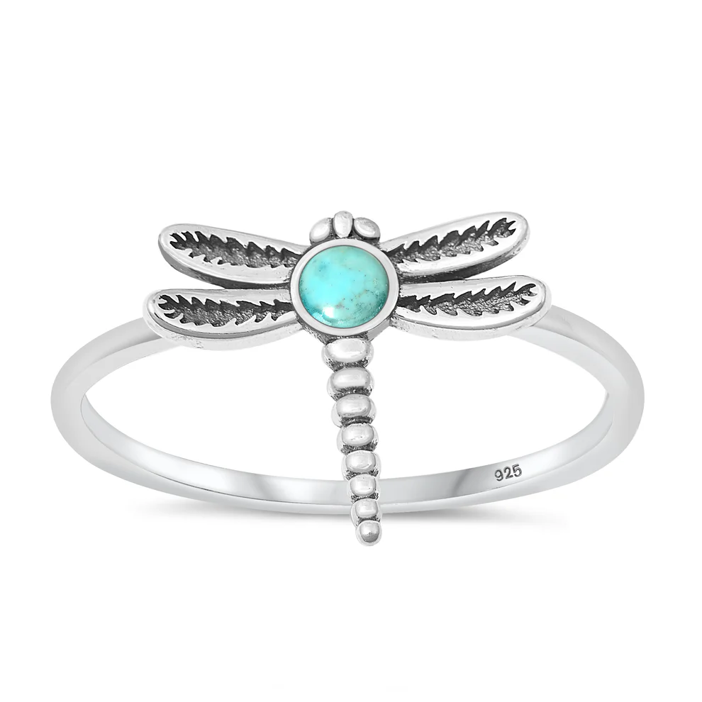 Sterling Silver Oxidized Dragonfly Turquoise Stone Ring