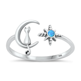 Sterling Silver Oxidized Cat On Moon And Star Blue Lab Opal Ring