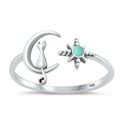 Sterling Silver Oxidized Cat On Moon And Star Genuine Turquoise Stone Ring