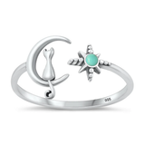 Sterling Silver Oxidized Cat On Moon And Star Genuine Turquoise Stone Ring