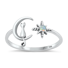 Load image into Gallery viewer, Sterling Silver Oxidized Cat On Moon And Star White Lab Opal Ring