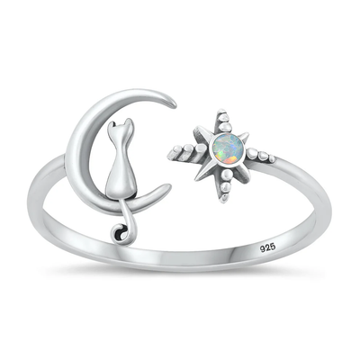 Sterling Silver Oxidized Cat On Moon And Star White Lab Opal Ring