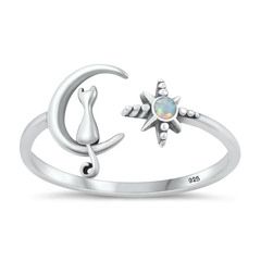 Sterling Silver Oxidized Cat On Moon And Star White Lab Opal Ring