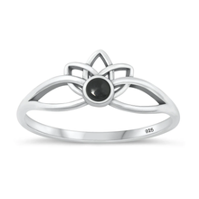 Load image into Gallery viewer, Sterling Silver Oxidized Lotus Black Agate Stone Ring