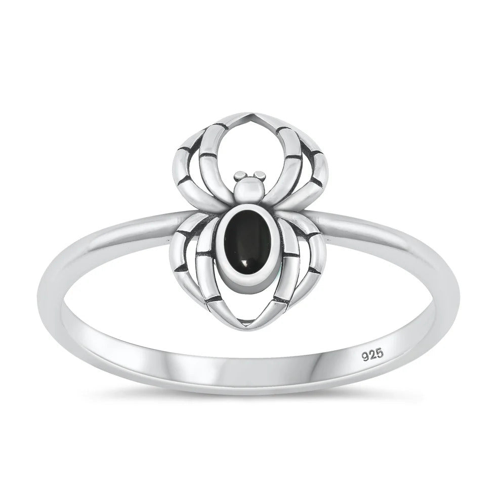 Sterling Silver Oxidized And Polished 11.6mm Spider Black Agate Stone Ring